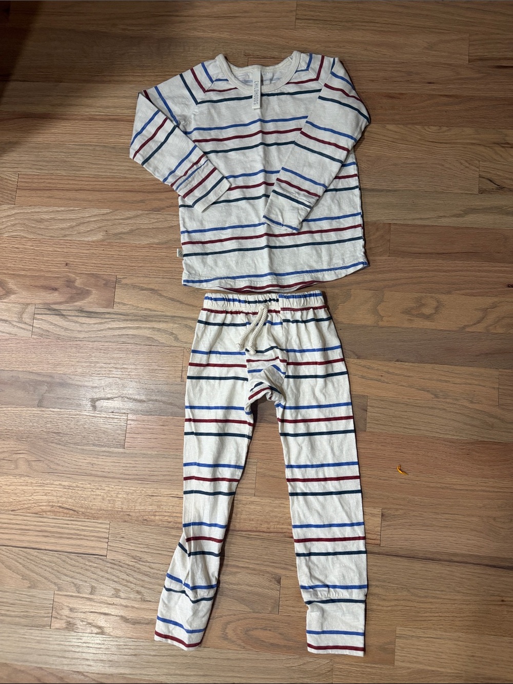Striped Long Sleeve Kids Pajama Set - Cream with Blue & Red Stripes